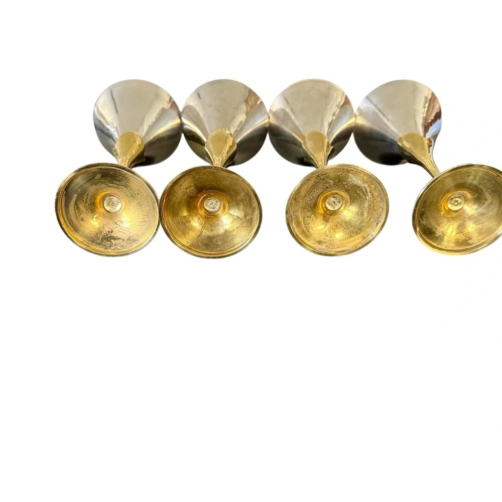 4 Wine goblets Silver Plate, brass stems. Vintage sculptural mid century modern